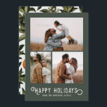 Cartes Pour Fêtes Annuelles Vintage Winter Oranges 3 Photo Collage<br><div class="desc">Ce magnifique carte photo de vacances présente une typographie vintage,  "Happy Holidays,  avec trois modèles photo. Le dos de la carte présente un design vintage d'oranges et de fleurs d'hiver.</div>