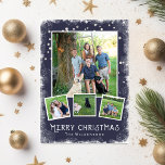 Cartes Pour Fêtes Annuelles Vintage Winter Wonderland Christmas Photo Collage<br><div class="desc">Célébrez les fêtes grâce à cette collection de photos de Noël festives Winter Wonderland Joyeux Noël. Une bordure de neige entoure vos 4 photos qui sont disposées contre un arrière - plan bleu foncé. Ajoutez votre texte personnalisé à l'avant et à l'arrière. Avec une touche rustique/vintage, la carte reste tendance...</div>