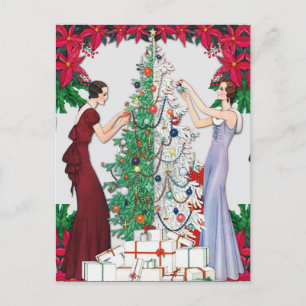 Cartes Pour Fêtes Annuelles Vintages femmes des années 1920 décorant l'arbre d