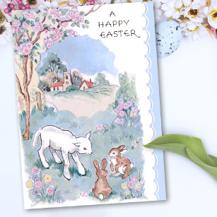 Cartes Pour Fêtes Annuelles Vintages voeux de Pâques avec agneau et lapins
