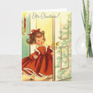 Cartes Pour Fêtes Annuelles Vntage Petite Fille De Noël En Robe Rouge
