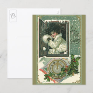 Cartes Pour Fêtes Annuelles Vœux de Nouvel An vintage, Jeune fille à la fenêtr