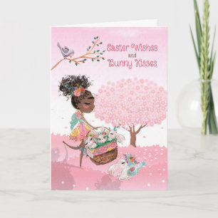 Cartes Pour Fêtes Annuelles Vœux de Pâques Bisous de Lapin Fille à Peau Brune