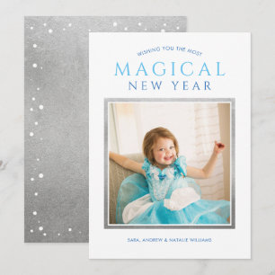 Cartes Pour Fêtes Annuelles Vœux de photo argent bleu de Nouvel An magique