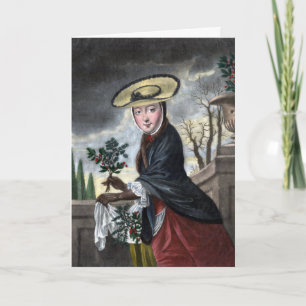 Cartes Pour Fêtes Annuelles Vœux de saison vintage : femme cueillant du houx