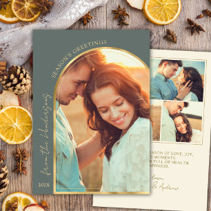 Cartes Pour Fêtes Annuelles Vœux d'or de saison Couple Photo Vert Arche