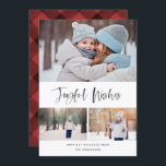 Cartes Pour Fêtes Annuelles Voeux Joyeux Moderne Brosse Script Photo Noël<br><div class="desc">Ce carte photo de vacances élégant et élégant ne manquera pas de se réjouir cette année ! Avec un sentiment joyeux dans le script de brosse avec une texture inky qui dit "Voeux Joyeux" Personnalisez le texte sur le bas et les photos avec votre propre. Il est accompagné d'un motif...</div>
