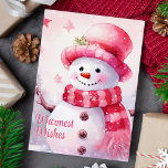 Cartes Pour Fêtes Annuelles Voeux les plus chauds Adorable Snowman rose<br><div class="desc">Envoyez des salutations douillettes avec cette carte de charme avec un bonhomme de neige heureux habillé d'un casquette rose et d'un foulard, sur un fond enneigé. Le message "Voeux les plus chauds" ajoute une touche de coeur, ce qui rend cette carte parfaite pour répandre la joie à vos amis et...</div>