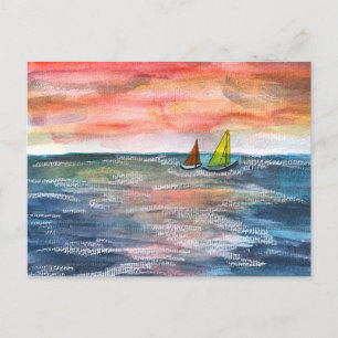 Cartes Pour Fêtes Annuelles Voile aquarelle ensoleillée au coucher du soleil v