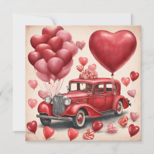 Cartes Pour Fêtes Annuelles Voitures Rouges Vintage avec Ballons de la Saint-V