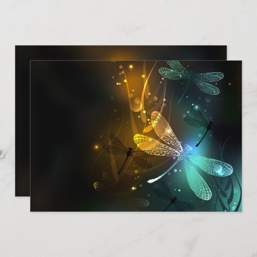 Cartes Pour Fêtes Annuelles Vol de libellule verte lumineuse (Devant / Derrière)