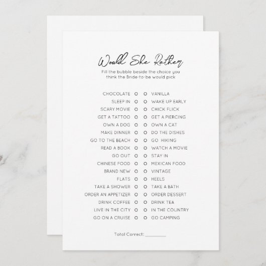 Cartes Pour Fêtes Annuelles Voudrait-Elle Plutôt Que Fête des mariées Jeu (Devant / Derrière)