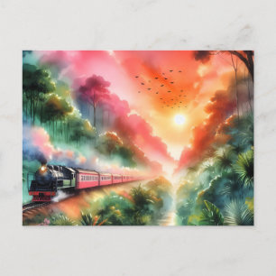 Cartes Pour Fêtes Annuelles Voyage en train au coucher de soleil tropical aqua