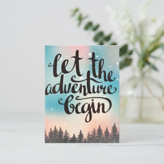 Cartes Pour Fêtes Annuelles Voyager Forêt Arbres Aventure commence (Debout devant)