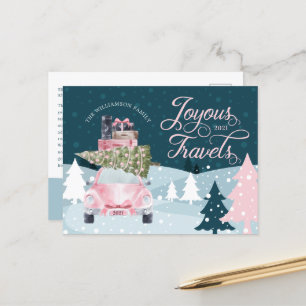 Cartes Pour Fêtes Annuelles Voyages Joyeux Route Voyage Pink Retro Watercolor 