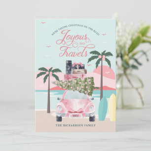 Cartes Pour Fêtes Annuelles Voyages Joyeux Tropical Road Trip Pink Retro Car