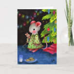Cartes Pour Fêtes Annuelles Waiting for Santa Mouse - Cute Christmas Art<br><div class="desc">Christmas Eve is so exciting for little mice! This todler mouse has neiaked down with her doll to wait for Santa under the glittering tree.  Art by Carmen Medlin.</div>