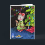 Cartes Pour Fêtes Annuelles Waiting for Santa Mouse - Cute Christmas Art<br><div class="desc">Christmas Eve is so exciting for little mice! This todler mouse has neiaked down with her doll to wait for Santa under the glittering tree. Art by Carmen Medlin.</div>