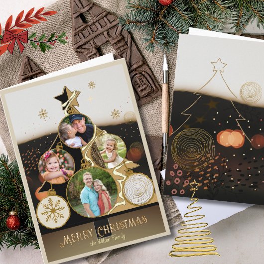 Cartes Pour Fêtes Annuelles Warm Bokeh Black & Gold 4-Photo Christmas Tree