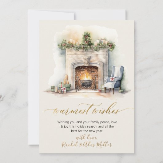 Cartes Pour Fêtes Annuelles Warmest Warmest Gold Script cheminée non photo (Devant)