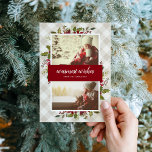 Cartes Pour Fêtes Annuelles Warmest Wishes Winter Greenery 2 Photo Flat<br><div class="desc">Affordable custom printed holiday photo postcards with simple templates for customization. This festive design features an elegant watercolor floral border of holly leaves and flowers in red, green and burgundy colors on a neutral buffalo check plaid background. Personalize it with your photos and custom text. Reverse side has space to...</div>