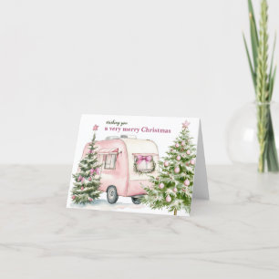 Cartes Pour Fêtes Annuelles Watercolor Camper Trailer RV Pink Christmas Trees