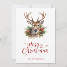 Watercolor Deer Stag Holly Snow Joyeux Noël