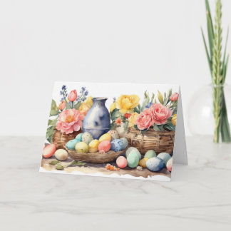 Cartes Pour Fêtes Annuelles Watercolor Easter Illustration with Flowers, Eggs