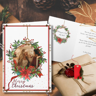 Cartes Pour Fêtes Annuelles Watercolor Holly Berry Christmas Wreath Photo Card