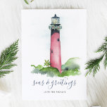 Cartes Pour Fêtes Annuelles Watercolor Lighthouse Beach Christmas Card<br><div class="desc">This nautical holiday card was designed using my original hand painted watercolor Jupiter, Florida lighthouse with a garland of greenery and red berries on a crisp white background. The words Seas and Greetings are set in a modern brush script typography. Personalize however you like. This coastal style Christmas card reverses...</div>