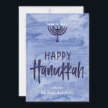Cartes Pour Fêtes Annuelles Watercolor Menorah Hanukkah Flat<br><div class="desc">A wash of watery blue serves as a subtle backdrop for a textured menorah illustration and inky, hand-lettered Happy Hanukkah text. Don't forget to personalize this two two-photo-holiday card with your own tableaux and name text. Add your own special touch with the "customize it" options and change everything from the...</div>