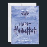 Cartes Pour Fêtes Annuelles Watercolor Menorah Hanukkah Flat<br><div class="desc">A wash of watery blue serves as a subtle backdrop for a textured menorah illustration and inky, hand-lettered Happy Hanukkah text. Don't forget to personalize this two two-photo-holiday card with your own tableaux and name text. Add your own special touch with the "customize it" options and change everything from the...</div>
