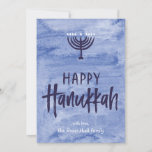 Cartes Pour Fêtes Annuelles Watercolor Menorah Hanukkah Flat Photo Card<br><div class="desc">A wash of watery blue serves as a subtle backdrop for a textured menorah illustration and inky, hand-lettered Happy Hanukkah text. Don't forget to personalize this two two-photo-holiday card with your own tableaux and name text. Add your own special touch with the "customize it" options and change everything from the...</div>