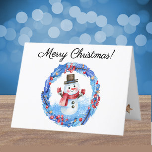 Cartes Pour Fêtes Annuelles Watercolor Retro Snowman Wreath Joyeux Noël