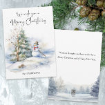 Cartes Pour Fêtes Annuelles Watercolor Snowman et Joyeux voeux de Noël<br><div class="desc">Chaud bonhomme de neige souriant avec pin et décoré arbre nu. Message en arrière.</div>