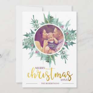 Cartes Pour Fêtes Annuelles Watercolor Wreath Photo Gold Joyeux Noël