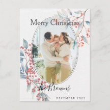 Watercolour Winter Berries Photo X-mas Postcard