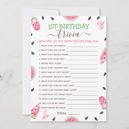 Cartes Pour Fêtes Annuelles Watermelon One In A Melon 1er Anniversaire Trivia  (Devant)