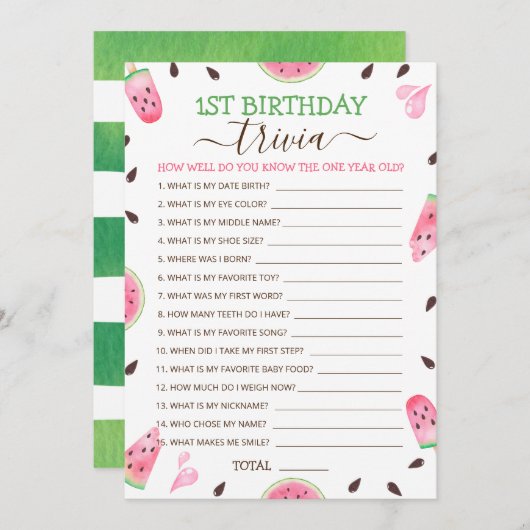 Cartes Pour Fêtes Annuelles Watermelon One In A Melon 1er Anniversaire Trivia  (Devant / Derrière)