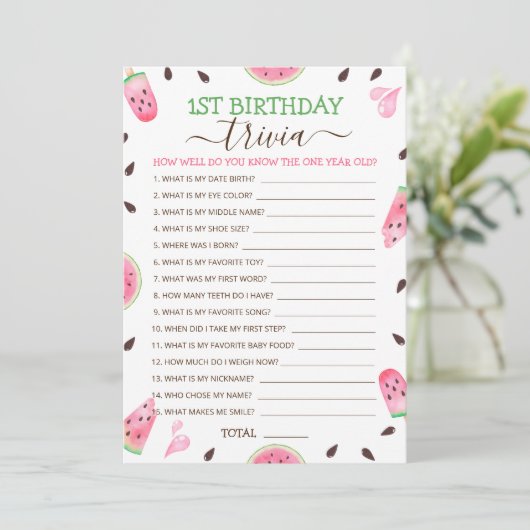 Cartes Pour Fêtes Annuelles Watermelon One In A Melon 1er Anniversaire Trivia  (Debout devant)