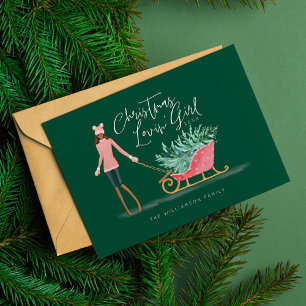 Cartes Pour Fêtes Annuelles Waterolor Christmas Lovin' Girl Pulling Sleigh