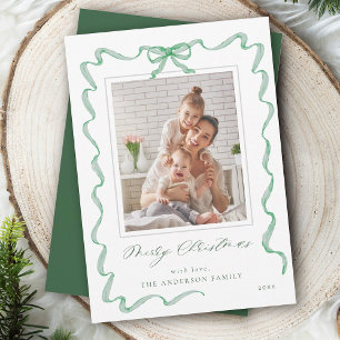 Cartes Pour Fêtes Annuelles Wavy Green Ribbon Bow Frame photo Noël