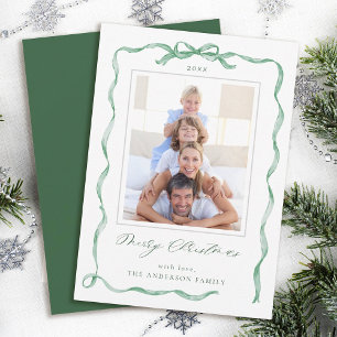 Cartes Pour Fêtes Annuelles Wavy Green Ribbon Bow Frame photo Noël