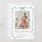 Cartes Pour Fêtes Annuelles Wavy Green Ribbon Bow Frame photo Noël (Devant)