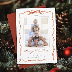 Cartes Pour Fêtes Annuelles Wavy Red Ribbon Bow Frame photo Noël