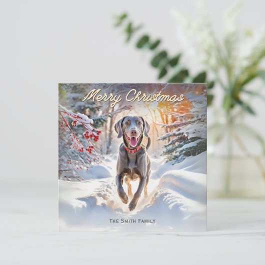 Cartes Pour Fêtes Annuelles Weimaraner Chien En Neige Joyeux Noël (Debout devant)