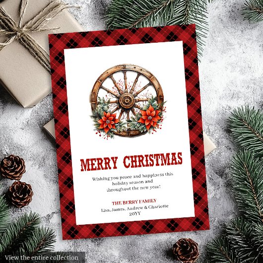 Cartes Pour Fêtes Annuelles Western greeting card with wagon wheel plaid