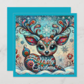 Cartes Pour Fêtes Annuelles Whimsical Big Eyes Christmas Reindeer Folk Art (Devant / Derrière)
