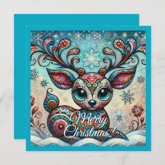 Cartes Pour Fêtes Annuelles Whimsical Big Eyes Christmas Reindeer Folk Art (Devant / Derrière)