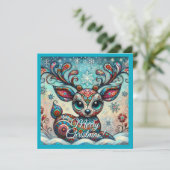 Cartes Pour Fêtes Annuelles Whimsical Big Eyes Christmas Reindeer Folk Art (Debout devant)